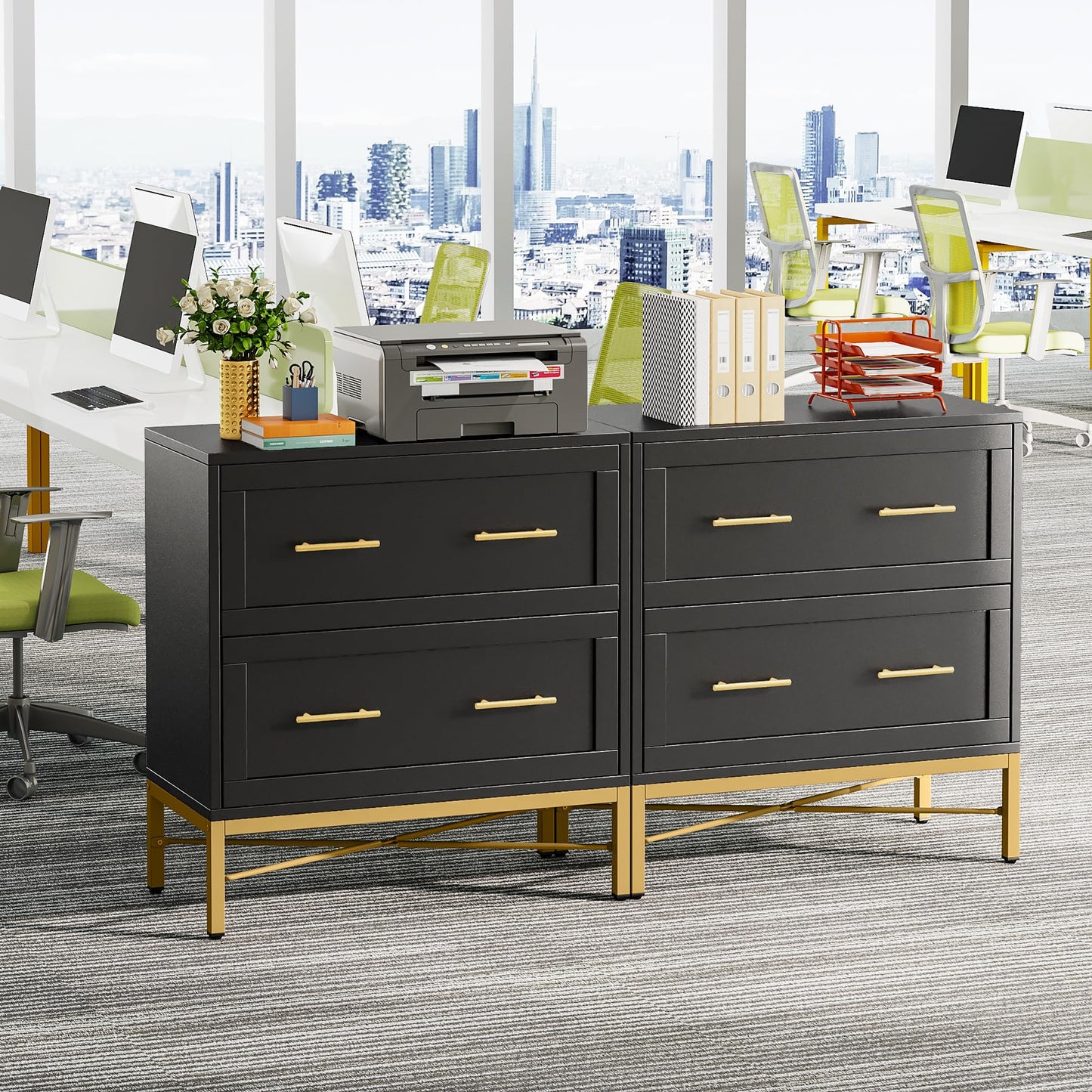 Tribesigns 2 Drawer File Cabinet, Modern Wood Lateral Filing Cabinet for Letter/Legal/A4 Size, Large File Storage Cabinets Printer Stand with Storage for Home Office, Black and Gold