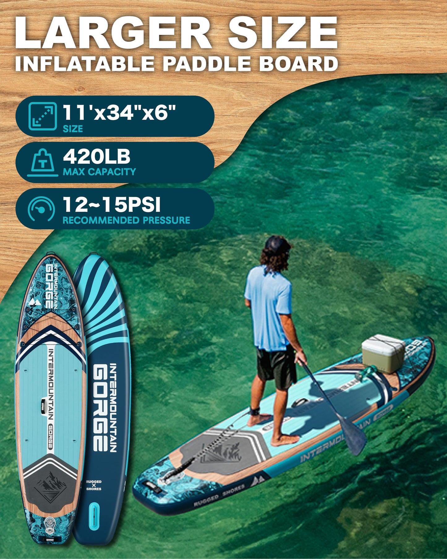 11'x34 Ultra Wide Inflatable Paddle Board, Stand Up Paddle Board &420lb Capacity for All Skill, Paddle Board for Yoga/Family, EVA Deck, US Fin, 100L Bag, High-Pressure Pump, Safety Leash