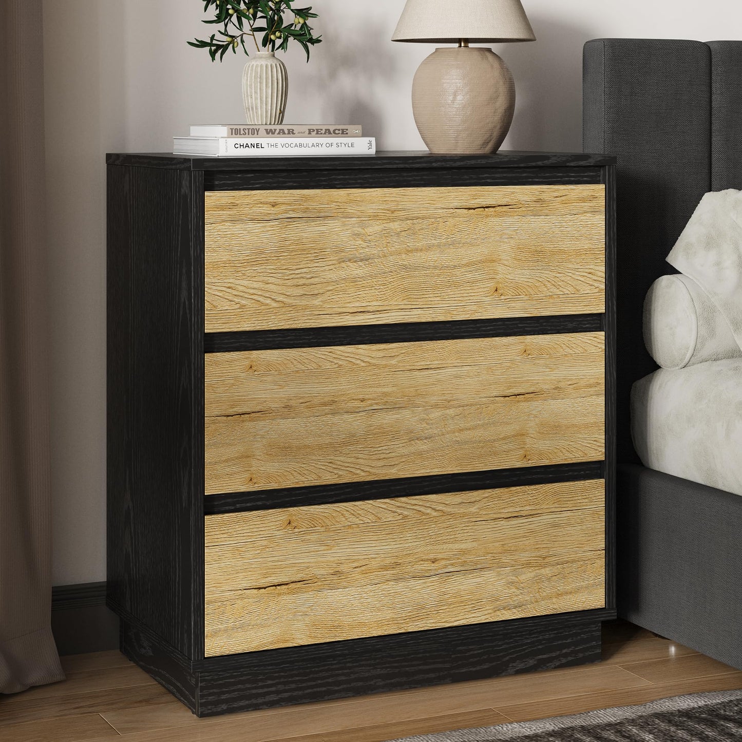 RoyalCraft Nightstand Set of 3, 23.6" Night Stand with 3 Drawers Storage, Large Bedside Table, End Table for Bedroom, Closet, Black and Wood
