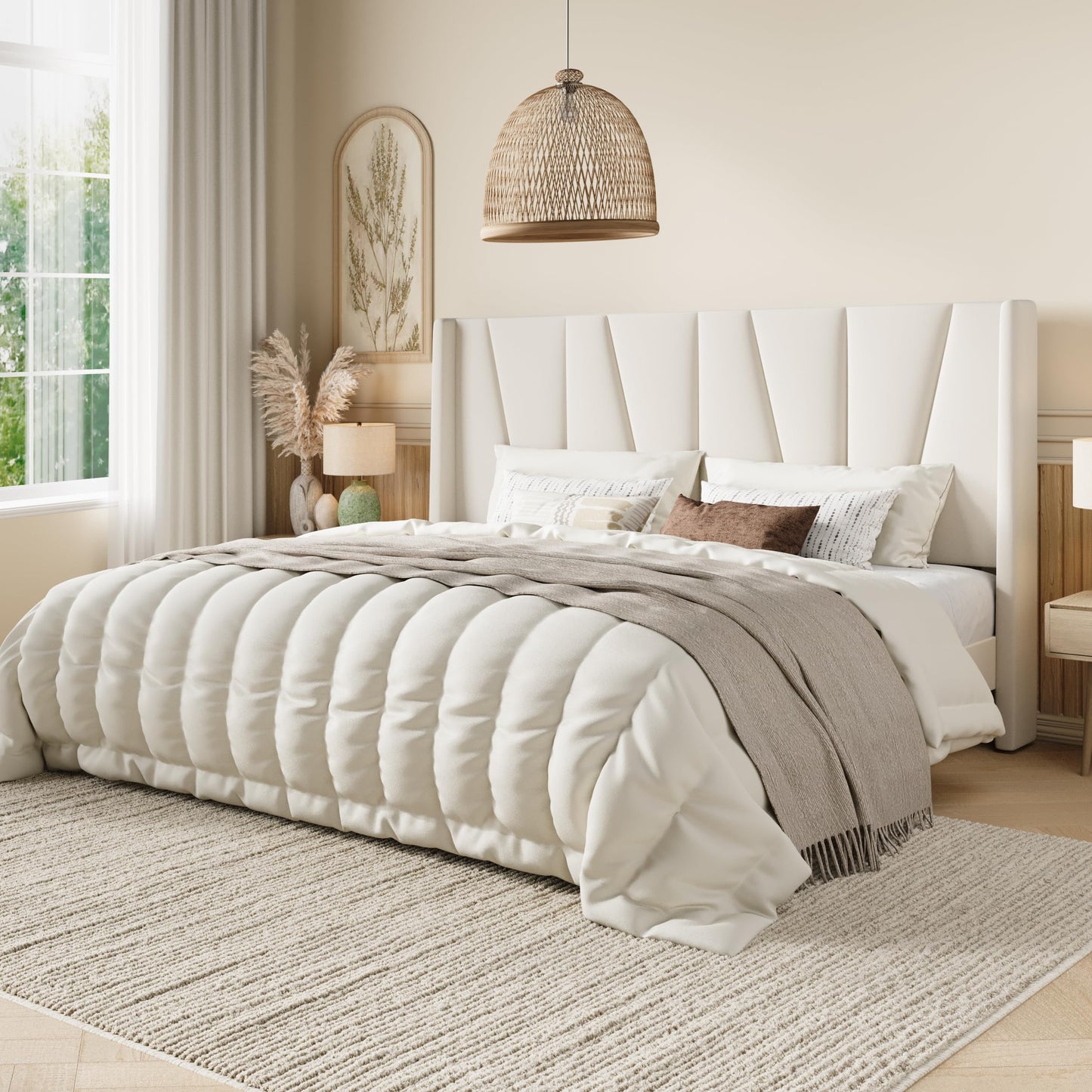SHA CERLIN King Size Velvet Bed Frame with Geometric Wingback Headboard, Upholstered Platform Bed with Wooden Slats Support, 8" Under-Bed Space, No Box Spring Needed, Easy Assembly, Cream