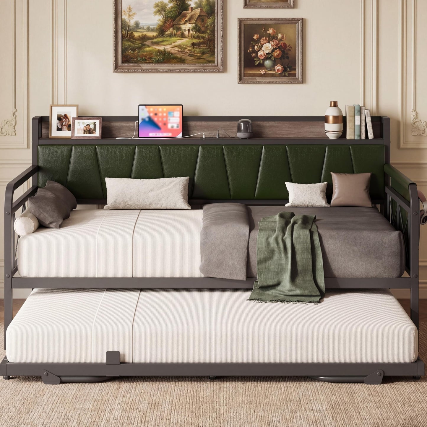 LIKIMIO Twin Daybed, Day Bed with Trundle, Storage Upholstered Headboard and Charging Station, Trundle Bed with Strong Supports for Living Room, Bedroom, and Guest Room, Dark Green