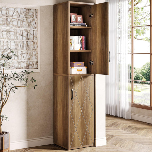 Tribesigns 75" Tall Narrow Storage Cabinet, 15 Inch Wide Wood Kitchen Pantry Cabinet with Doors and 6 Shelves, Free Standing Utility Cabinet for Bathroom, Small Space, Laudry, Brown