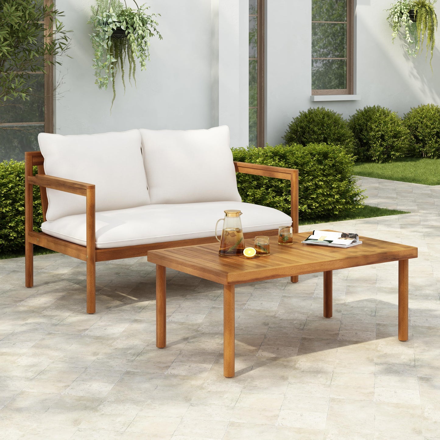 Christopher Knight Home Vorms Outdoor Loveseat with Coffee Table, 2-Piece Acacia Wood Patio Furniture Set with Rope Backrest, Patio Conversation Chat Sets for Backyard Balcony, Teak+Cream