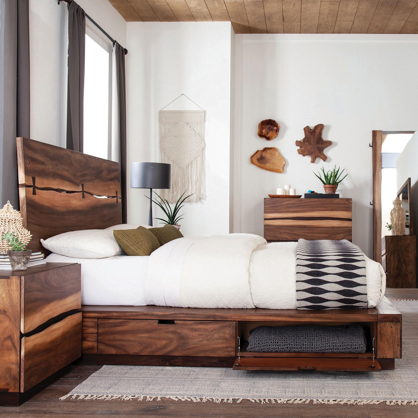 Coaster Home Furnishings – Winslow – Wood – Eastern King Platform Storage Bed with Tall Headboard, 4 Concealed Compartments, and Bow Tie Inlays – Bedroom – Smokey Walnut and Coffee Bean - 223250SKE