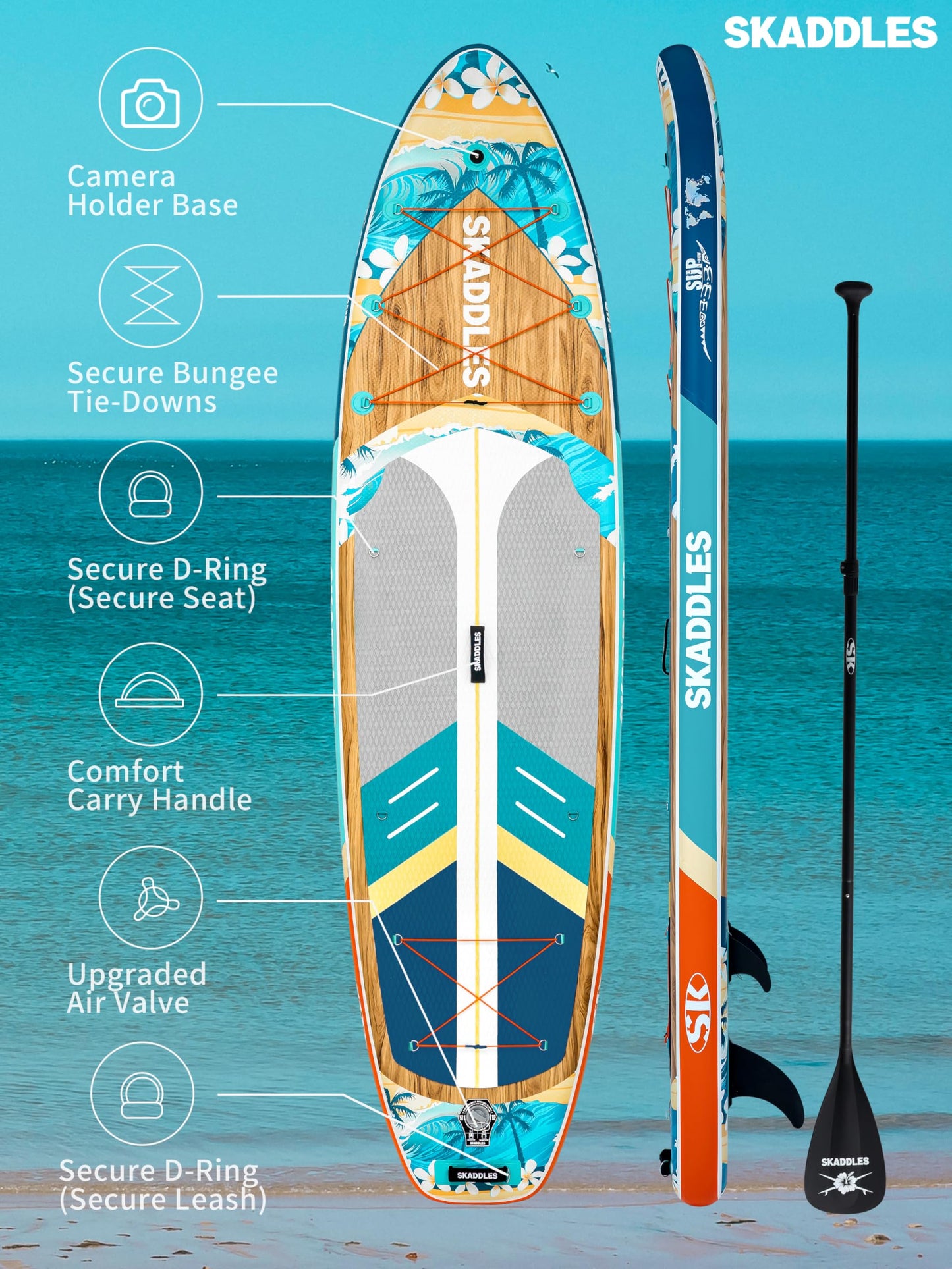 11' Inflatable Stand Up Paddle Board – Extra Wide SUP Paddleboard for Adults, Premium Inflatable Board with Paddle, Pump, Fins, Backpack, Leash & Waterproof Bags (Island Wave)