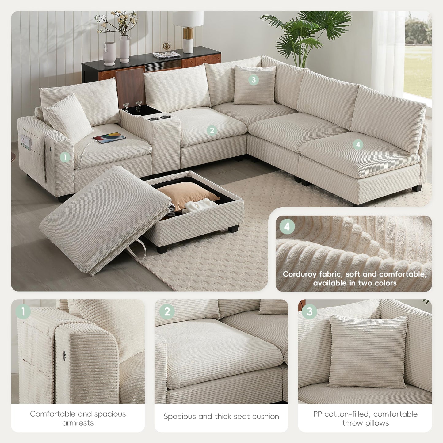 Merax 139'' Oversized Modular Sectional Sofa with Storage Ottoman and Console, Removable Storage Pockets, Cup Holder, Wide Seat, USB Charger, 6 Seat U Shaped Chenille Couch Set for Living Room, Beige