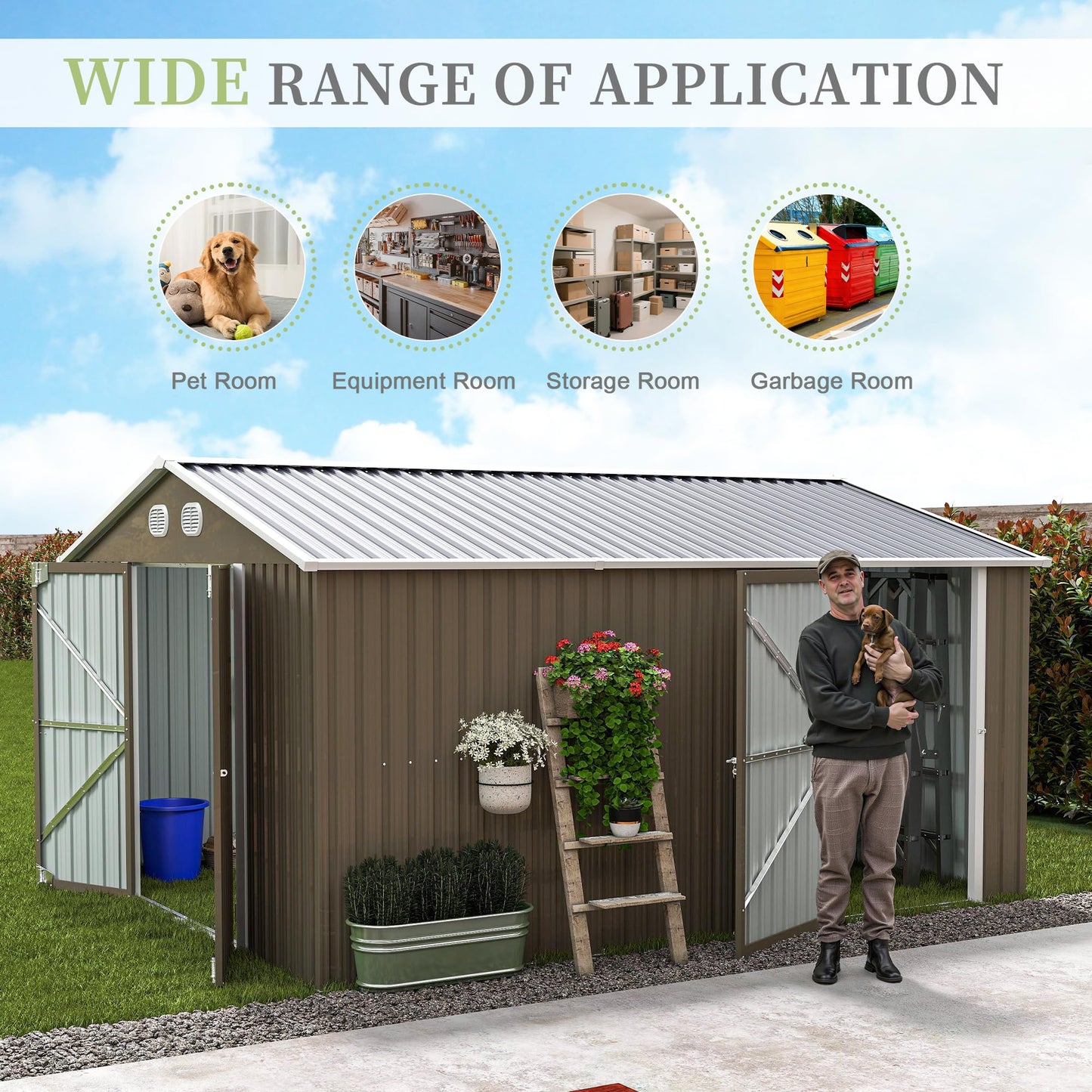 KEIKI 10x12 FT Metal Outdoor Storage Shed, Heavy Duty Steel Garden Tool Shed with Lockable Doors, Window & Sloped Roof, Waterproof Backyard Patio Storage Building, Coffee