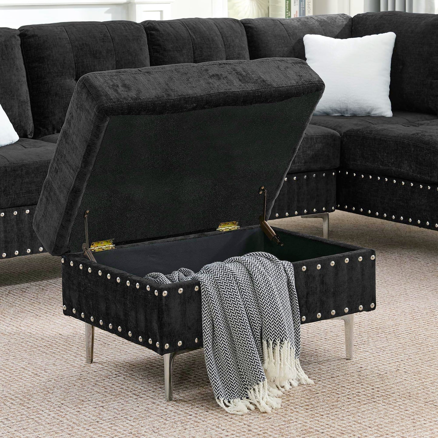 ERYE 102-Inch L-Shaped Corner Sectional Sofa Chenille Upholstered Tufted Corner Sofa Couch with Storage Ottoman and Nailhead Decor,Modern L-Shaped Convertible Couches