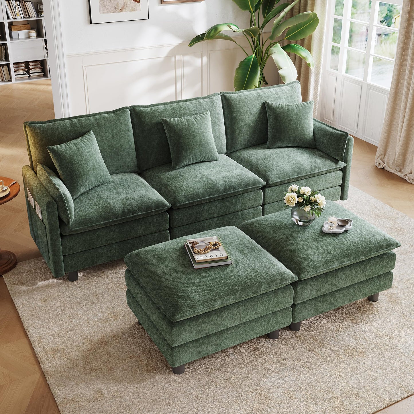 LINSY HOME 98'' Modular Sectional Sofa 3 Seat Couch Chenille Cloud Couch with Deep Seat, U Shaped Couch with 2 Movable Ottoman for Living Room, Office, Bedroom, Green(Pillows Included)