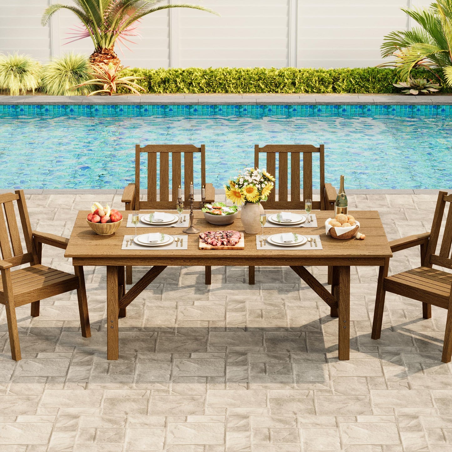 IDEALHOUSE 5-Piece Outdoor Patio Dining Set for 4-6, HDPE Table with Umbrella Hole and Sturdy Aluminum Frame, Weather-Resistant Garden Table and Chairs for Backyard, Poolside and Porch, Brown