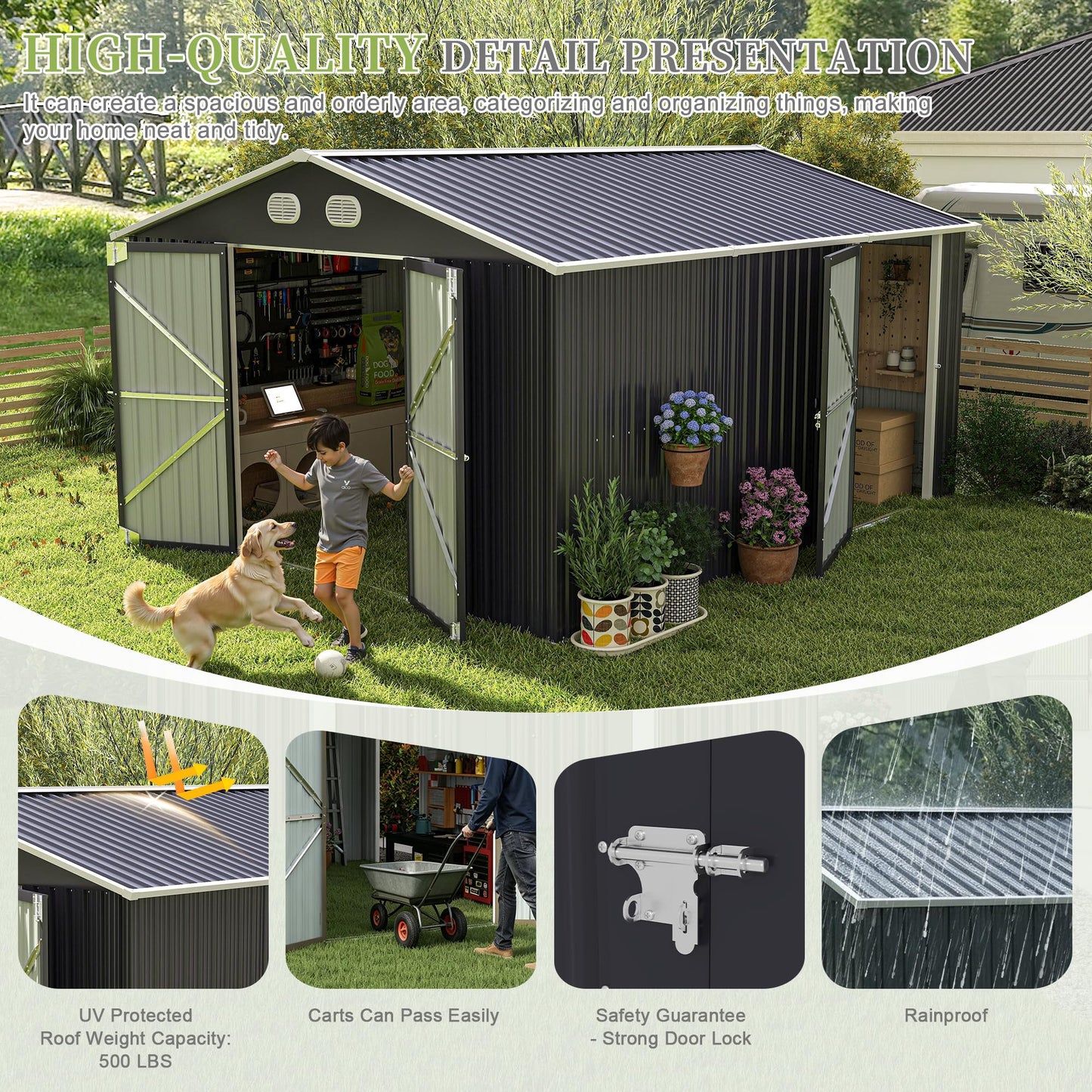 KEIKI 10x12 FT Metal Outdoor Storage Shed, Heavy Duty Steel Garden Tool Shed with Lockable Doors, Window & Sloped Roof, Waterproof Backyard Patio Storage Building, Dark Gray