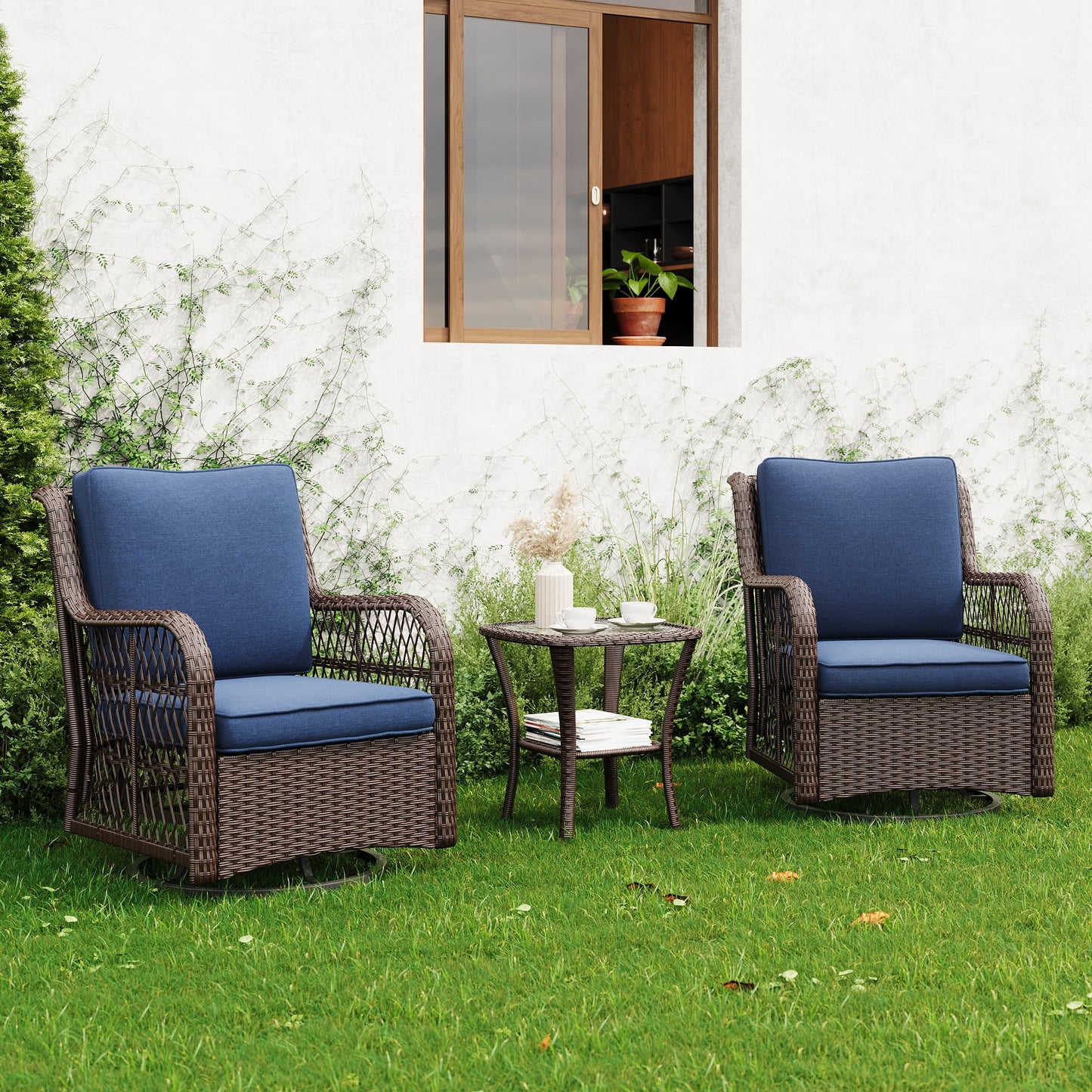 Garvee 3 Piece Outdoor Patio Furniture Set, Swivel Rocker Chairs Wicker Bistro Set with 360° Glider, 4”Thick Cushions & 2-Tier Table, Outdoor Conversation Set for Porch Balcony Backyard Deck Blue