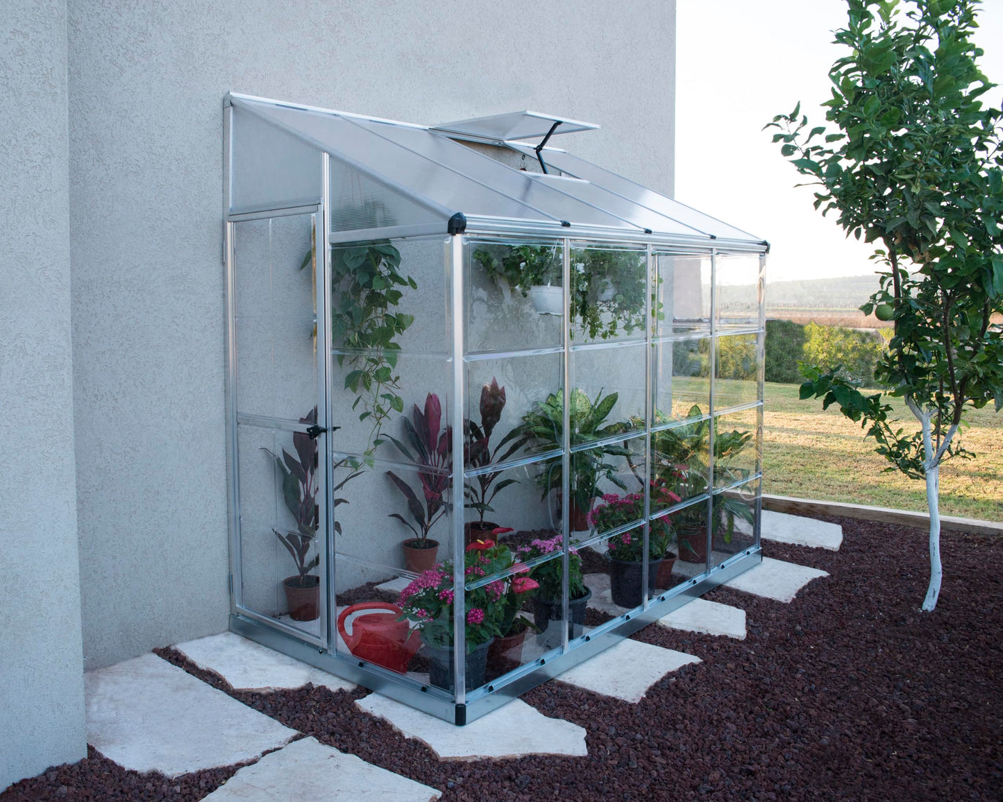 Palram - Canopia 4x8 Lean-To Greenhouse for Outdoors, Hobby Walk-In UV Polycarbonate Panels Heavy Duty Aluminum Frame, Lockable Door, Adjustable Roof Vent, Rain Gutters, Galvanized Steel Base, Hybrid