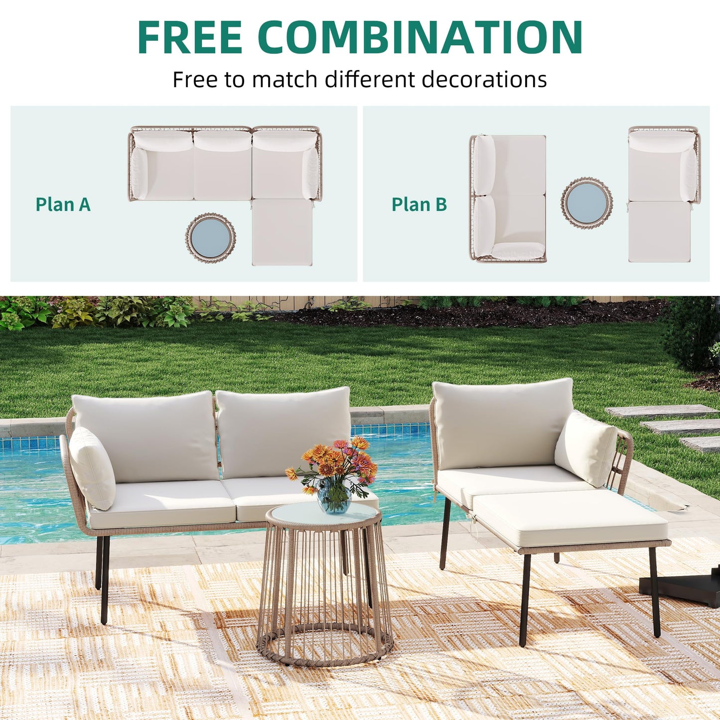 YITAHOME 3 Piece Patio Furniture Set Wicker Patio Sectional with Detachable Cushions and Coffee Table Outdoor Furniture Set L-Shaped Sectional Conversation Sofa Set for Backyard Porch Balcony - Beige
