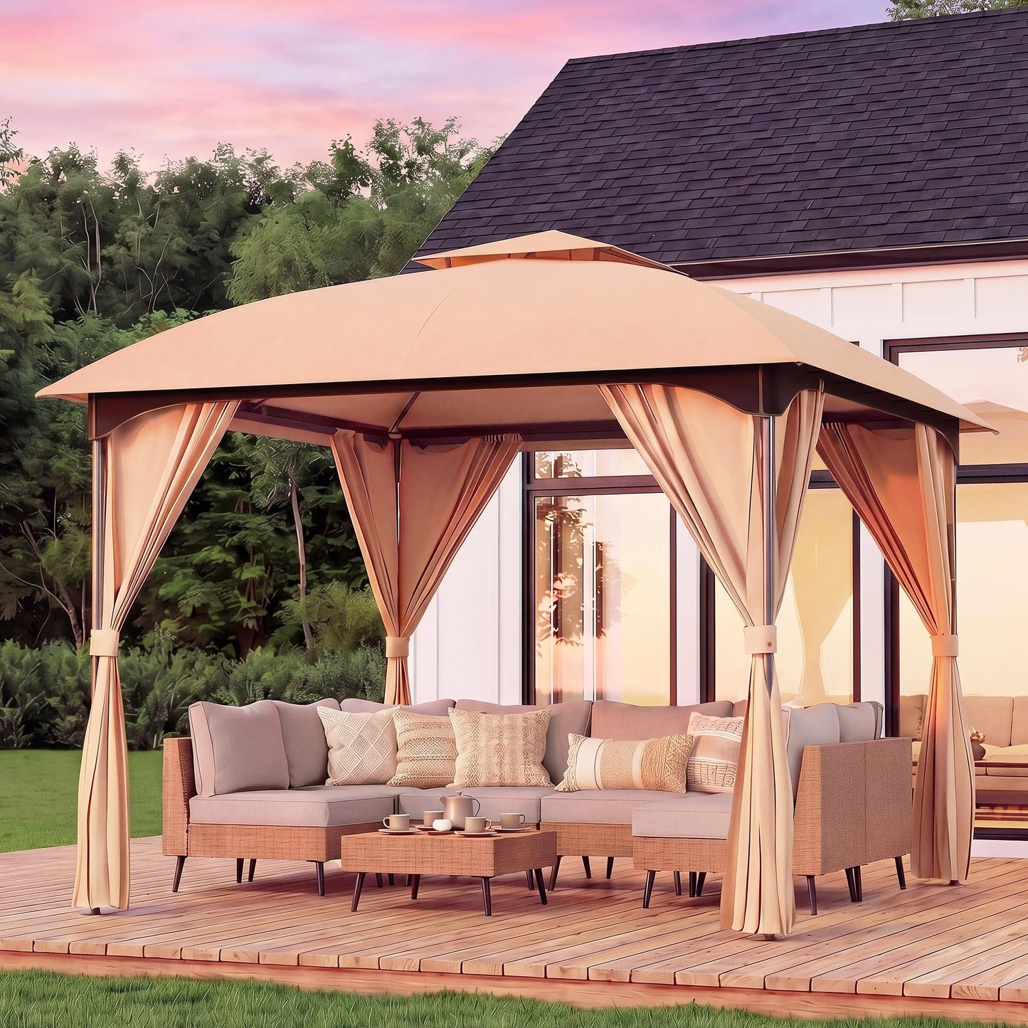 EO Living 10' x 10' Outdoor Arc Gazebo, Double-Tier Roof Party Shelter Tent with Curtains, Expansion Bolts & Wind-Resistant Ropes for Backyard, Garden, Patio, Lawn – Khaki
