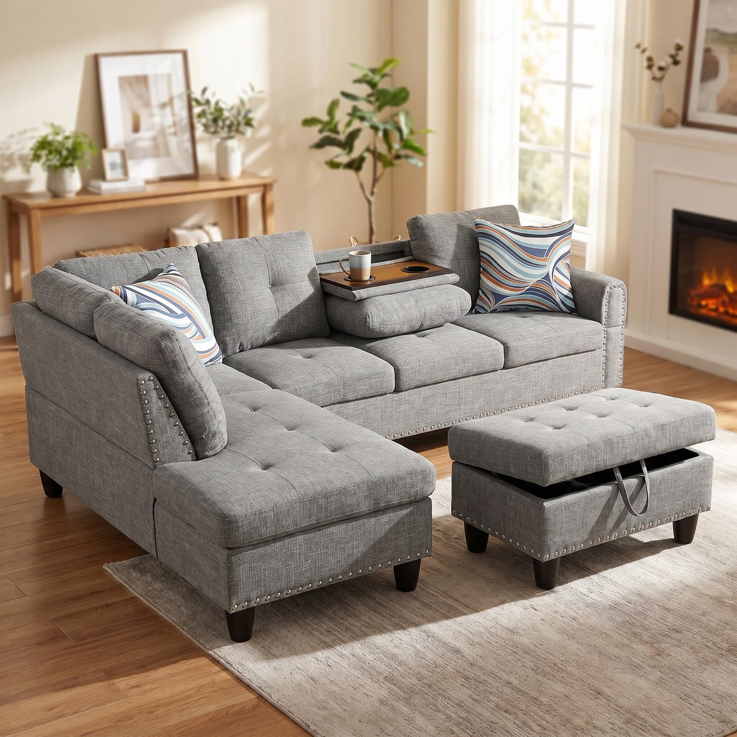 Trygoal 97.5" Linen L Shaped Couch with Left Chaise & Cup Holder, Sectional Sofas Modular Furniture Set with Storage Ottoman, Convertible Couches for Living Room, Small Space & Office (Grey)