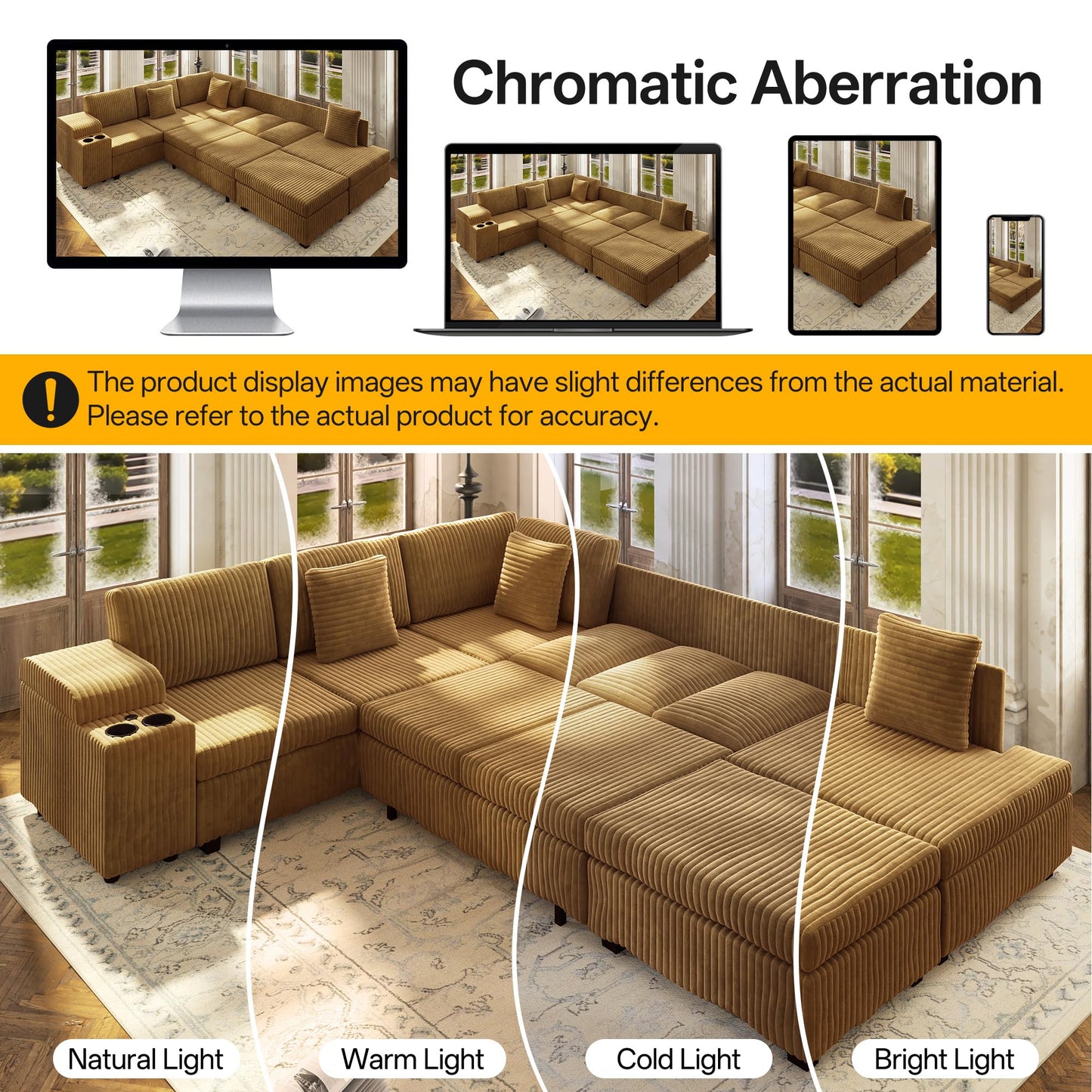 KEIKI 110" L-Shaped Oversized Plush Corduroy Modular Sectional Sofa with Pull-Out Bed, Convertible 6-Seater Sleeper Couch Bed with 1 Ottomans & USB & Cup Holders, Easy Assembly, for Living Room, Camel