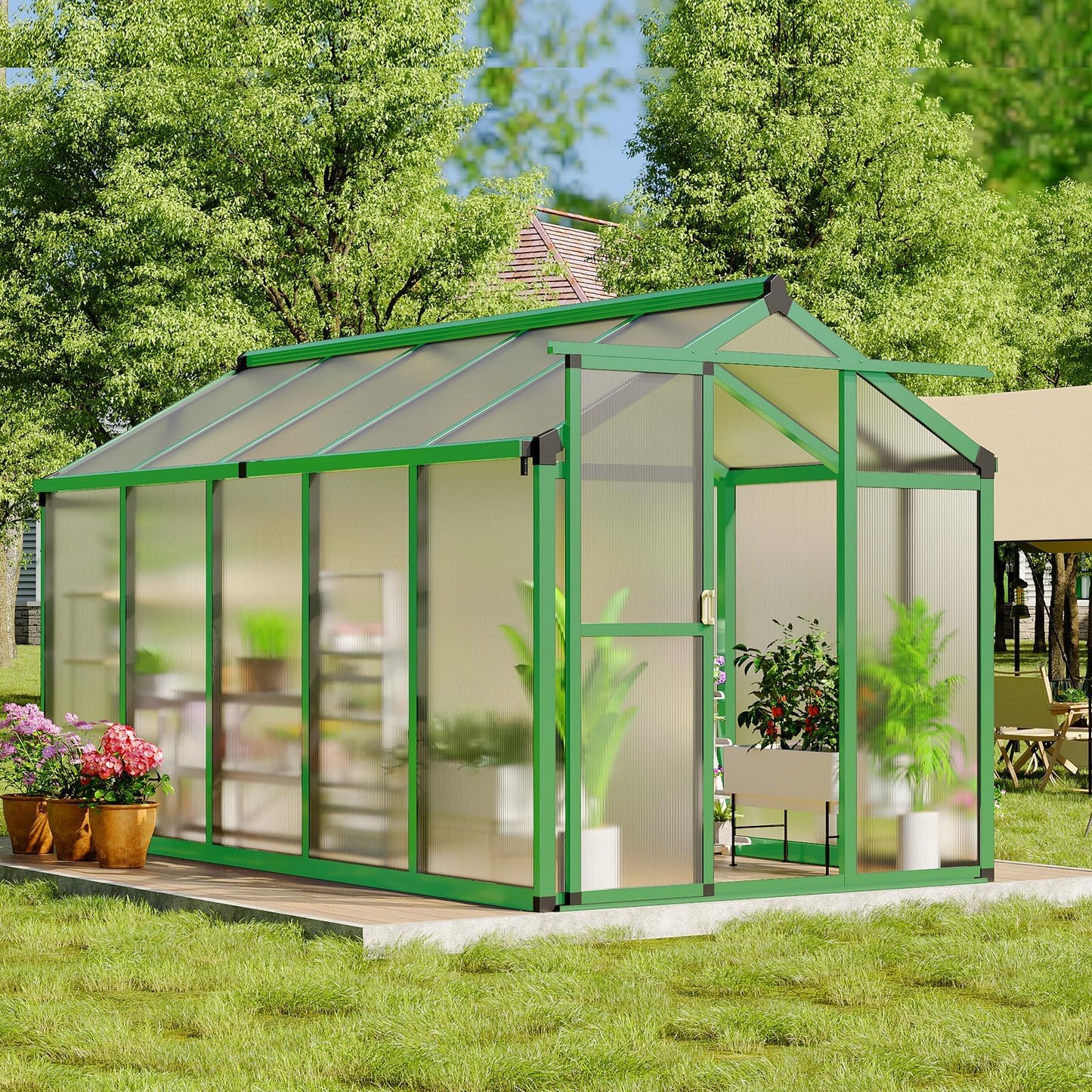 Greenhouse, 6x10 FT Greenhouse for Outdoors, Walk-in Green House with Ground Nails and Vent Windows, Sliding Lockable Door, Polycarbonate Greenhouses for Outside Garden Backyard, Quick Setup, Green