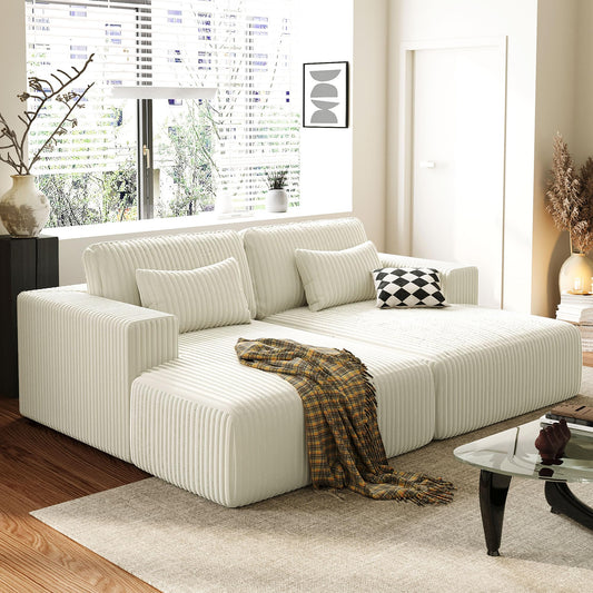 86-Inch Fluffy Corduroy Boneless Sleeper Daybed Loveseat Double Recliner Chaise Lounge Sofa Couches, Floor Cloud Sofa Chaise W/4 Pillows for Home Apartment Living Room