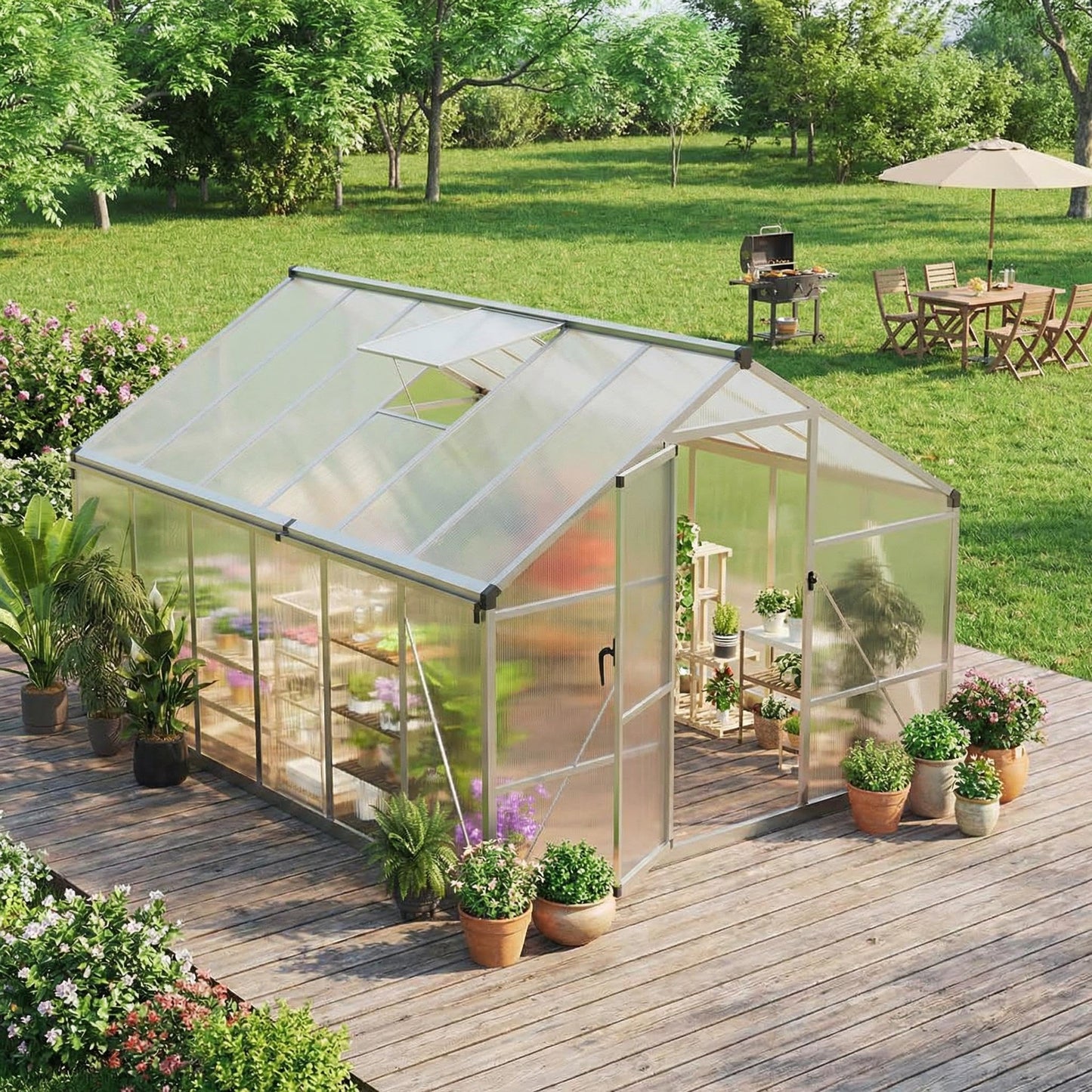 8x12 ft Greenhouse, Polycarbonate Walk-in Greenhouse for Outside with Lockable Outward-Opening Swing Door & Roof Vent, Heavy-Duty Aluminum Green House for Garden, Backyard, Patio, Lawn, Sliver