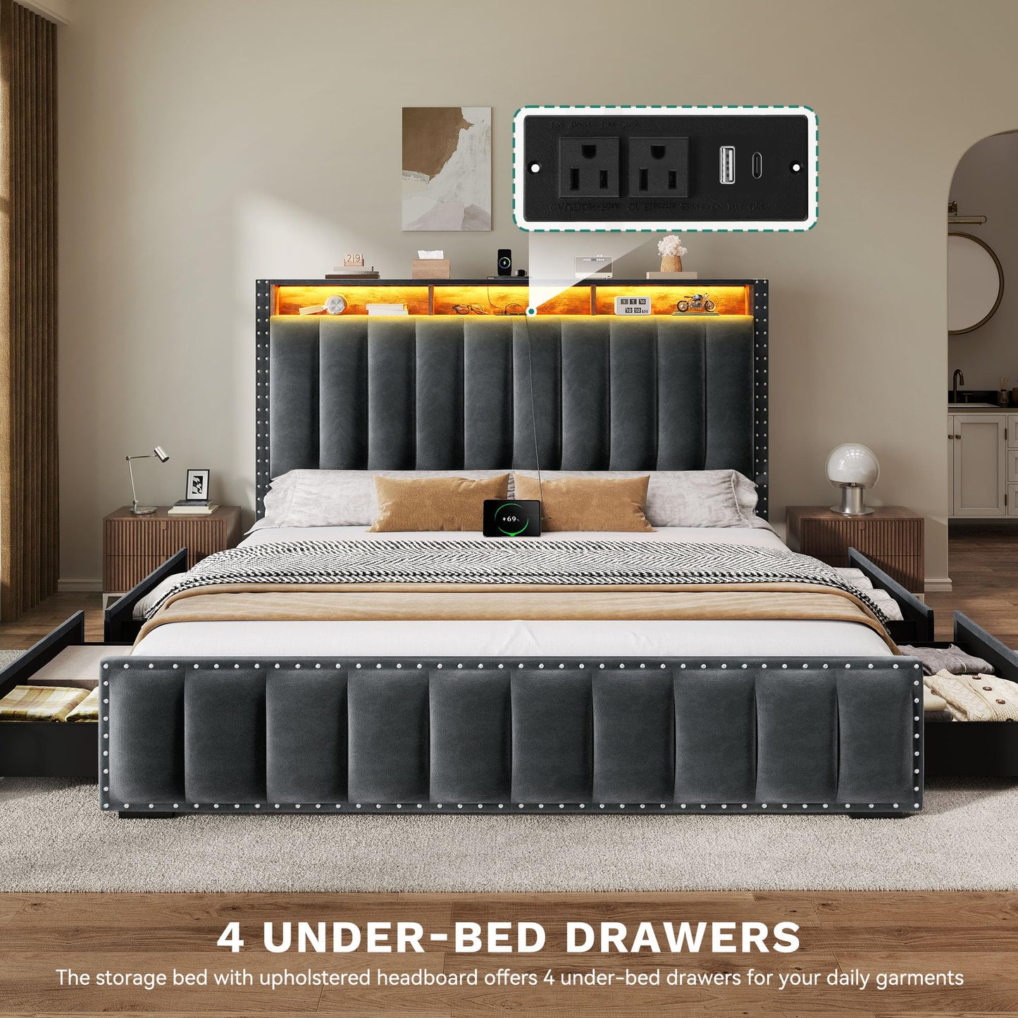 DWVO Queen Size Bed Frame with 4 Storage Drawers and RGB LED Lights, Velvet Upholstered Platform Bed with Charging Station and Bookcase Storage Headboard, No Box Spring Needed, Easy Assembly, Grey