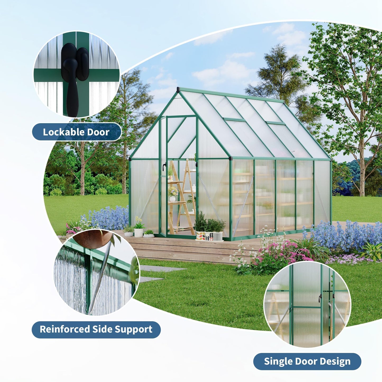6x9 ft Polycarbonate Greenhouse with Aluminum Frame, Walk in Greenhouse with Adjustable Roof Vent, Heavy Duty Green House for Outside Garden Backyard, Easy Assembly, Green