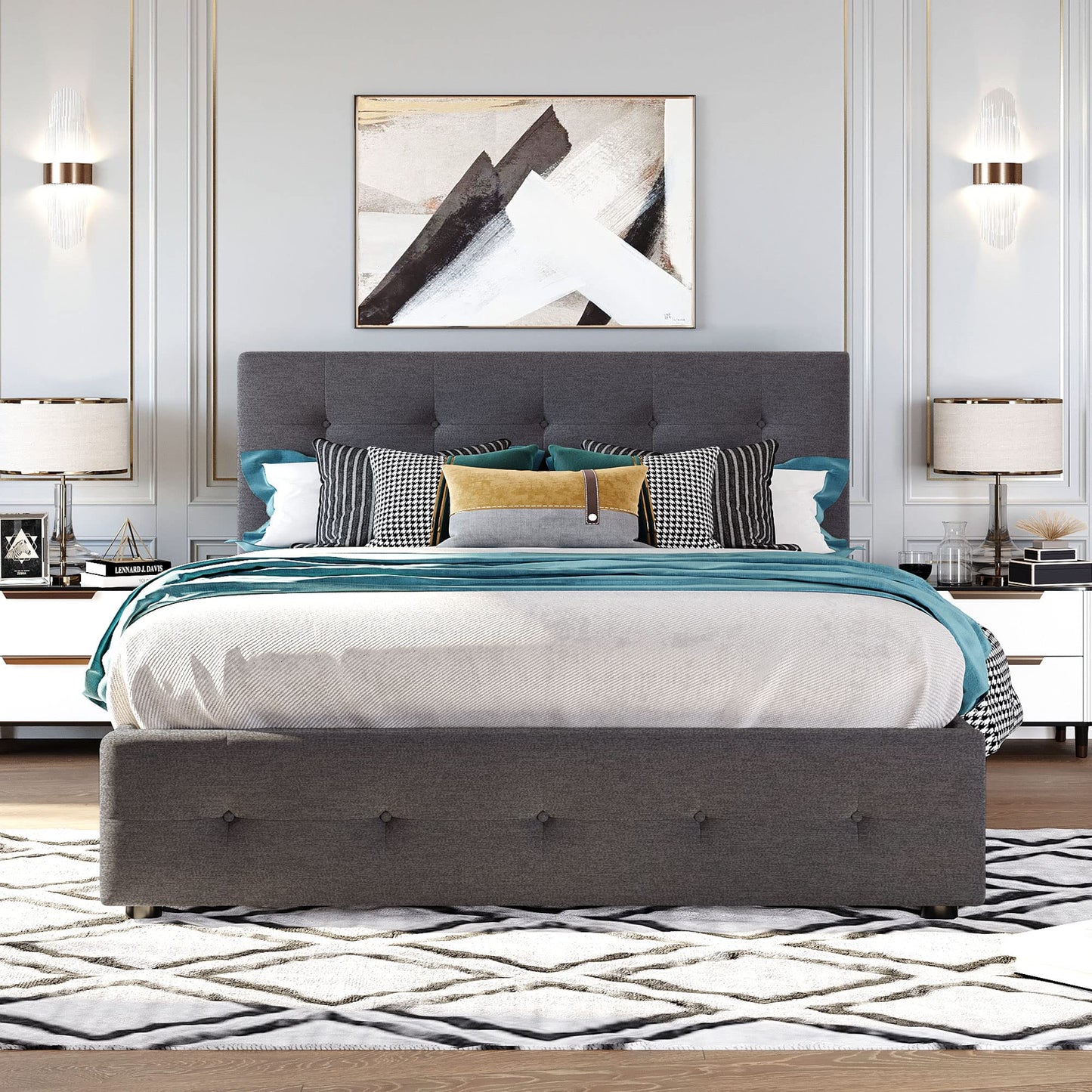Ball & Cast Queen Size Bed Frame with 2 Drawers and 1 Twin XL Trundle, Linen Upholstered Platform Bed with Button Tufted Headboard and Wood Slats Support, No Box Spring Needed,Dark Gray