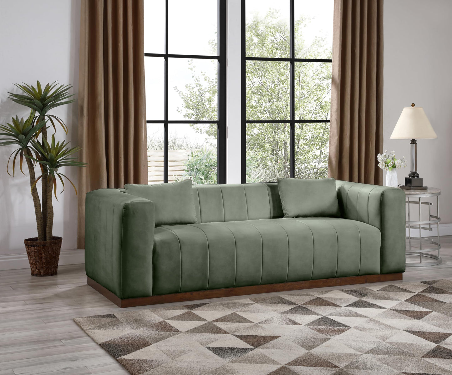 Meridian Furniture 44098Green-S Mallina Collection Modern | Contemporary Sofa with Soft Green Vegan Leather, Walnut Finish Solid Wood Base, Deep Channel Tufting, 90.5" W x 36" D x 28.5" H, Green