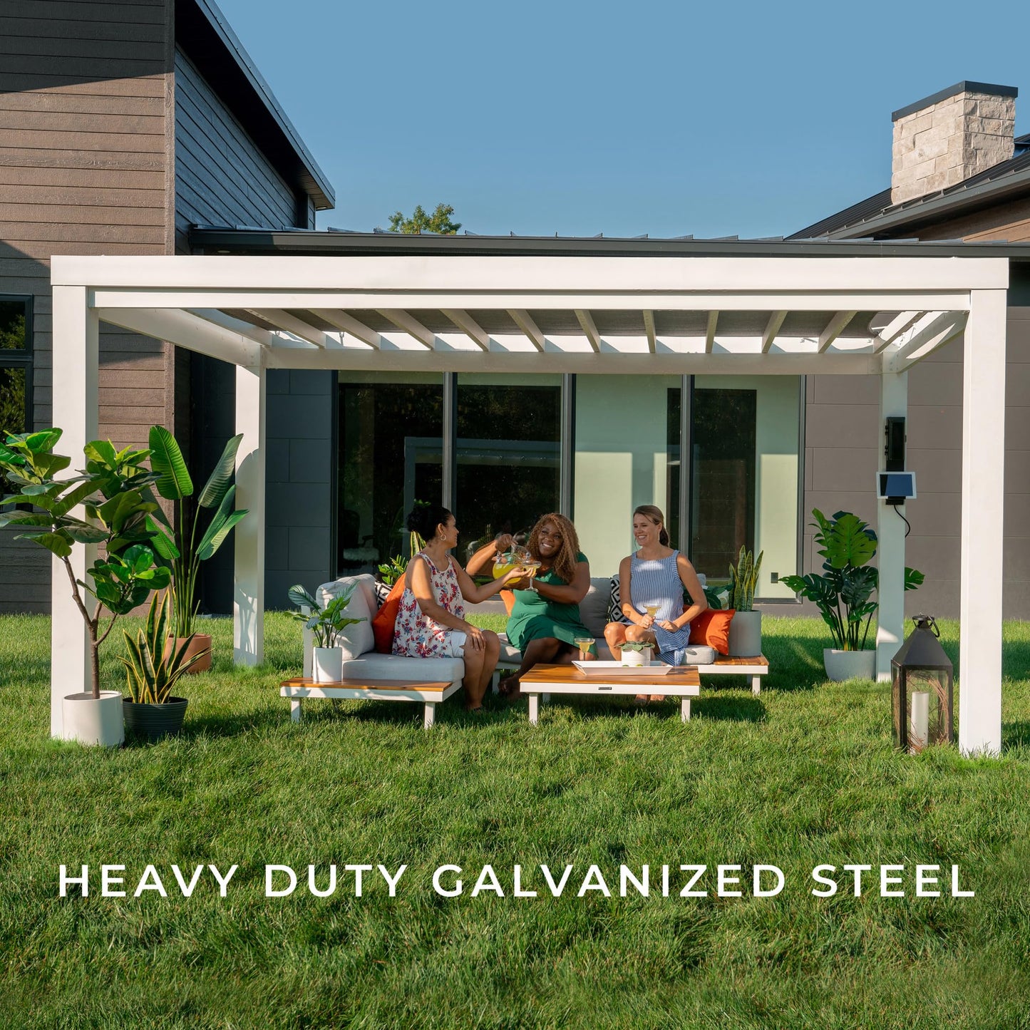 Backyard Discovery Windham 14' x 12' Modern Galvanized Steel Pergola Kit with Shade Sail Canopy, All-Season Durability, PowerPort, High-Wind Rating for Outdoor Patio, Garden, Deck, Entertaining