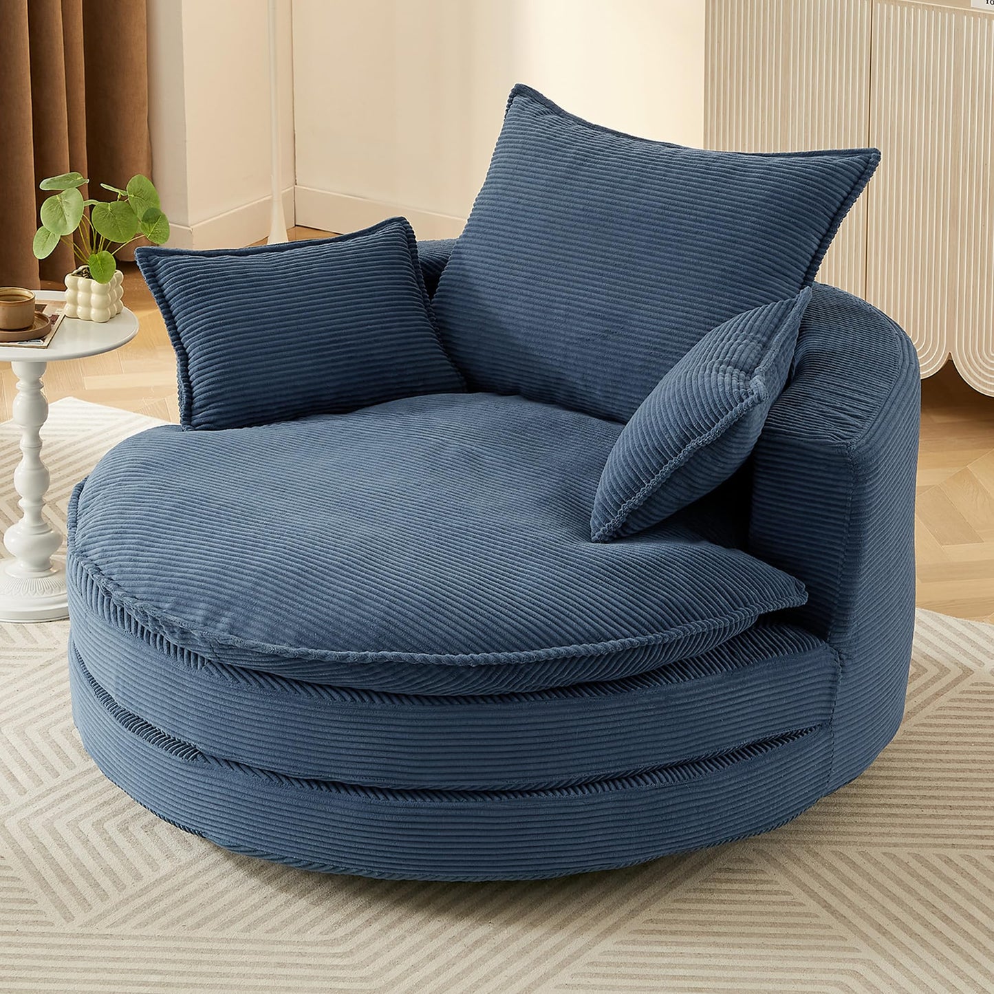 Merax 360° Swivel Sofa Chair, 57.5" Swivel Accent Barrel Chair with Dual-Layer Cushion Design, Modern Corduroy Leisure Sofa Round Chaise Lounge with 3 Removable Pillows for Living Room, Bedroom