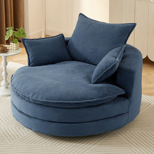 Merax 360° Swivel Sofa Chair, 57.5" Swivel Accent Barrel Chair with Dual-Layer Cushion Design, Modern Corduroy Leisure Sofa Round Chaise Lounge with 3 Removable Pillows for Living Room, Bedroom