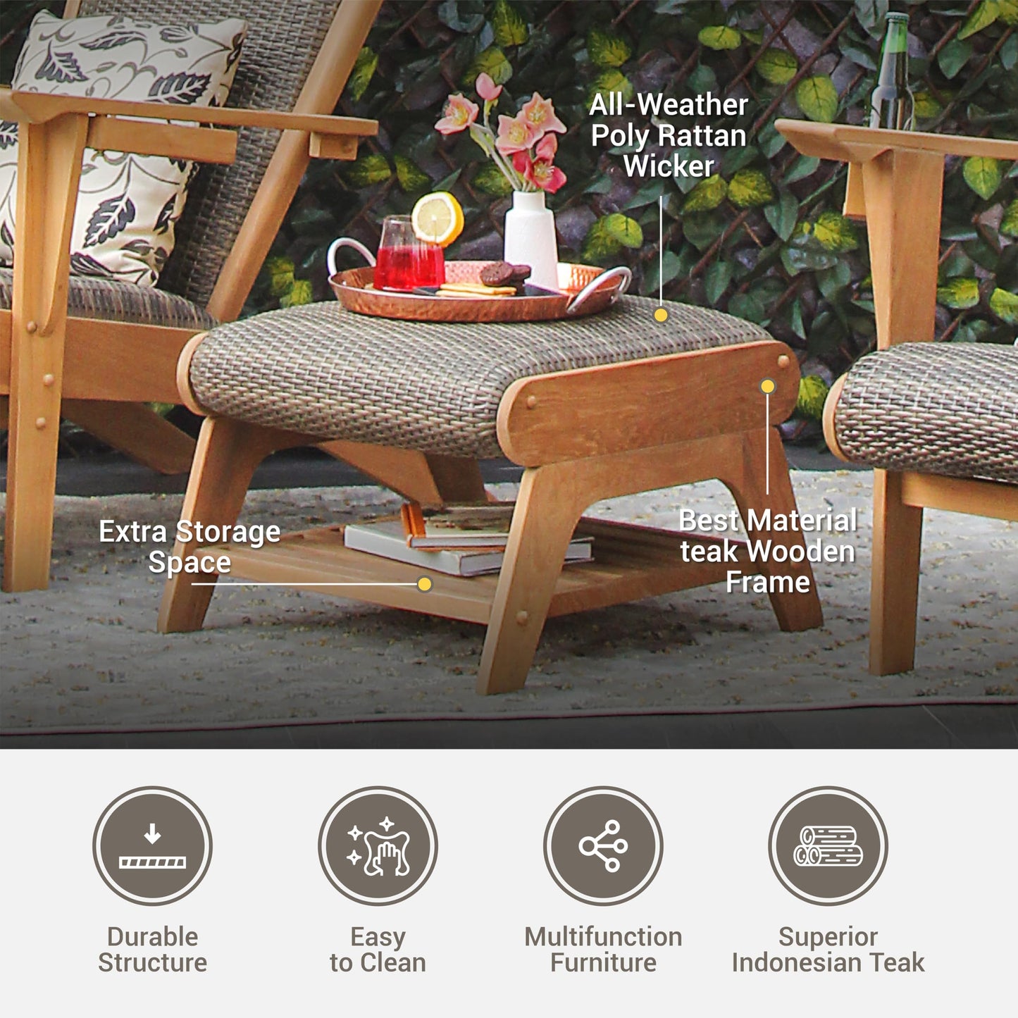 Cambridge Casual Camden Teak Padded Woven Seat Patio Adirondack Conversation Set - Brown, Adirondack with Ottoman, Free Patio Cover, Quick Dry Foam, Weather-Resistant, Ottoman with Lower Storage