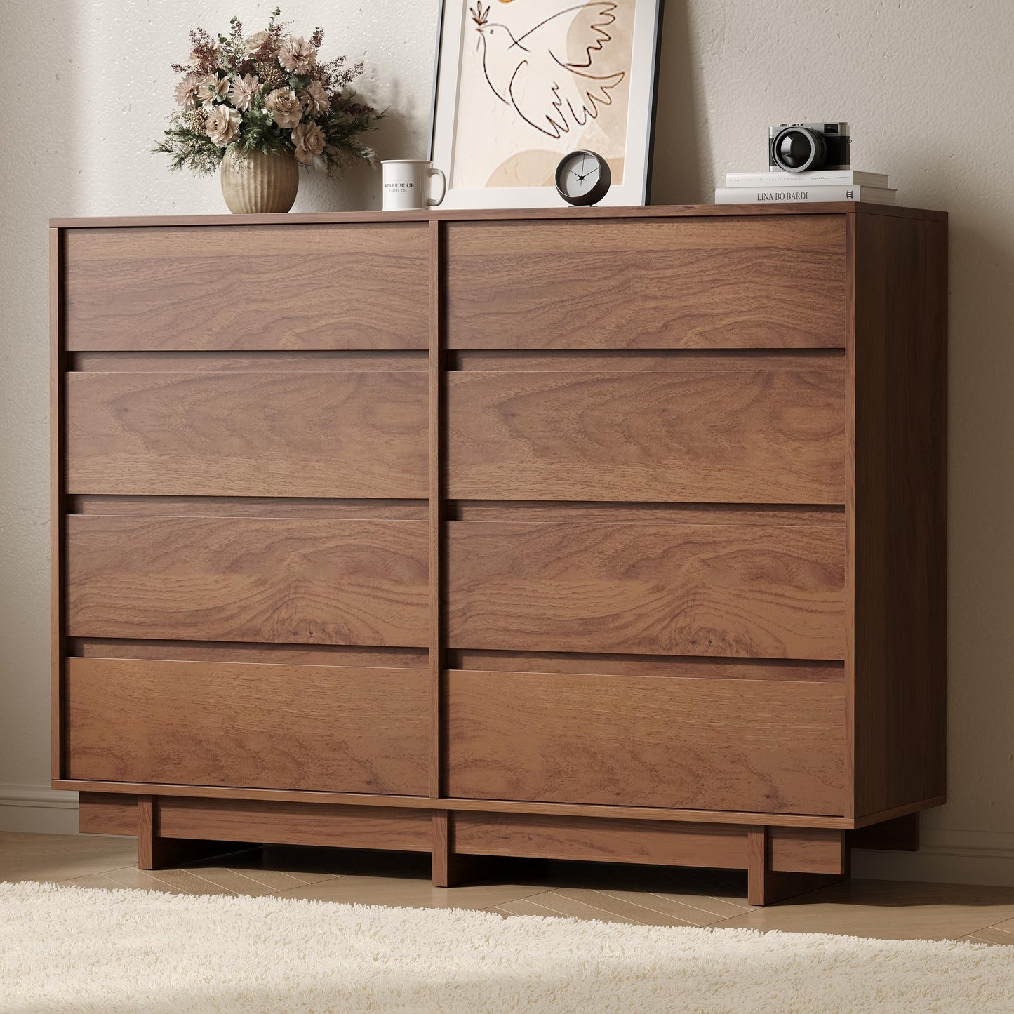 SINROM Walnut Dresser for Bedroom, 53.1" Wide 8 Drawer Dresser, Mid Century Modern Dressers Chest of Drawers, Wooden Large Dressers for Bedroom, Closet