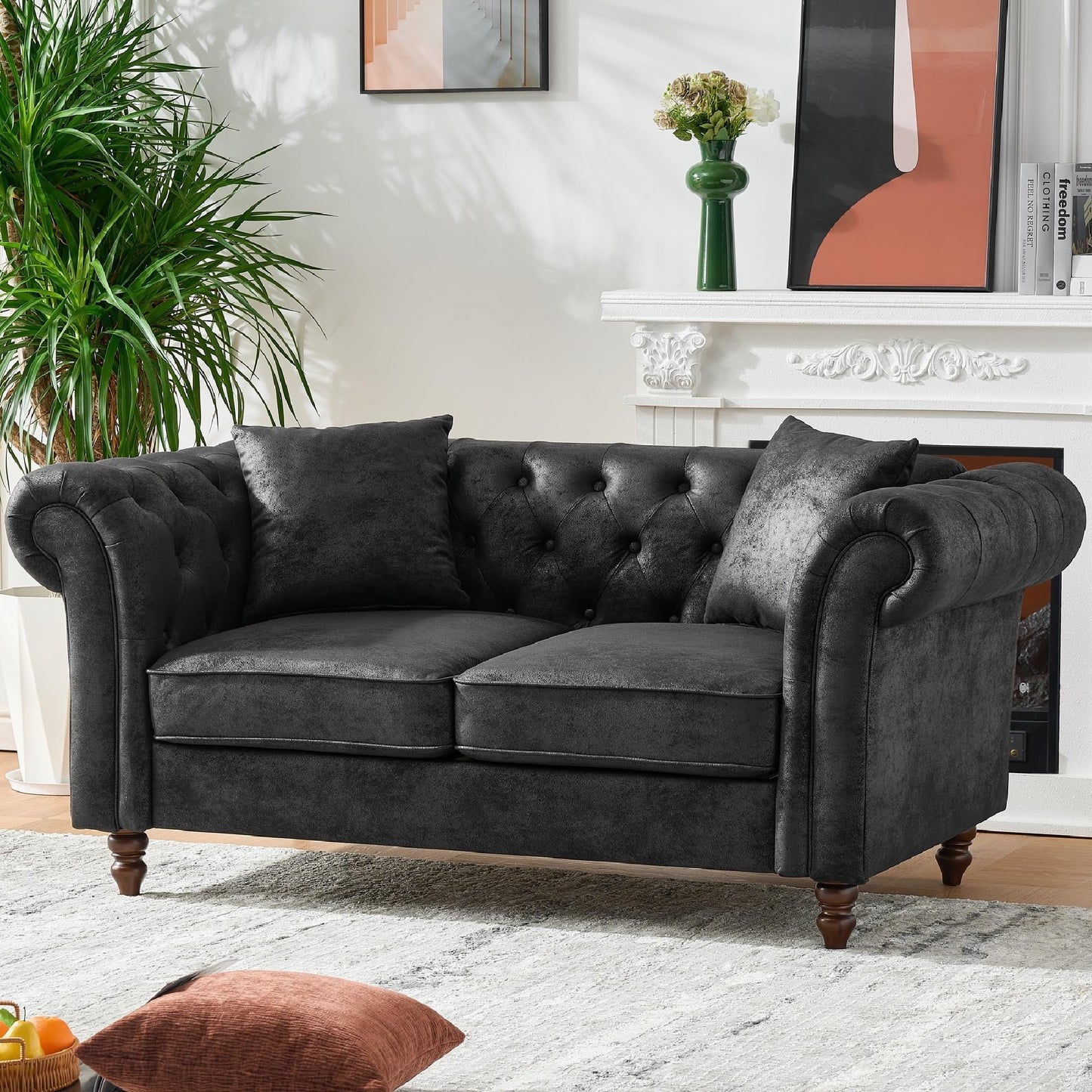 KEIKI Luxury Modular Chesterfield Leather Sofa Couch Set, Mid Century Modern Combo 5 Seater Couches w/Roll Armrest, Comfy Sleeper Cloud SofaBed for Office & Apartment Living Room, Easy Assembly, Black