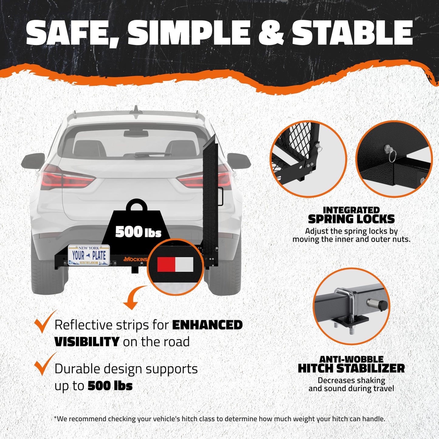 Mockins 48"x28.5"x4" Folding Trailer Hitch Cargo Carrier with Ramp for Wheelchair | 500 lbs Cap Heavy-Duty Mobility Scooter Carrier for Car 2" Hitch Receiver w/Plate Bracket, Stabilizer, & Straps