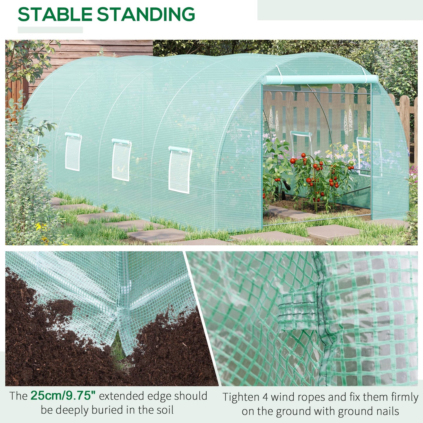 Outsunny 20' x 10' x 7' Walk-in Tunnel Greenhouse with Zippered Door & 8 Mesh Windows, Large Garden Green House Kit, Galvanized Steel Frame, Green