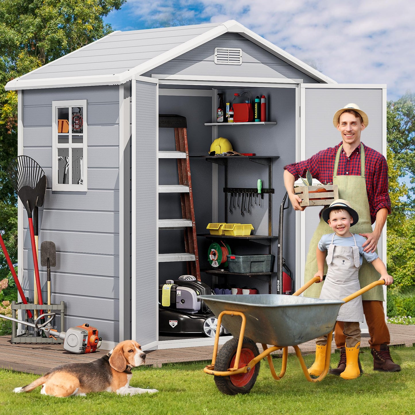 DWVO 6x4.4 FT Resin Storage Shed with Reinforced Floor, Outdoor Storage Shed with Lockable Door, Window and Vents, Waterproof Plastic Tool Storage for Garden, Backyard, Patio, Lawn