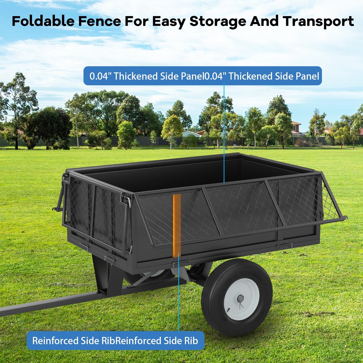 Heavy Duty Utility Dump Trailer – 750 Lbs Capacity, 17 Cu. Ft. Garden Cart for Lawn Tractor, ATV & UTV, Pull-Behind Yard Trailer with Removable Sides, Pneumatic Tires for Hauling Firewood, Mulch & Deb