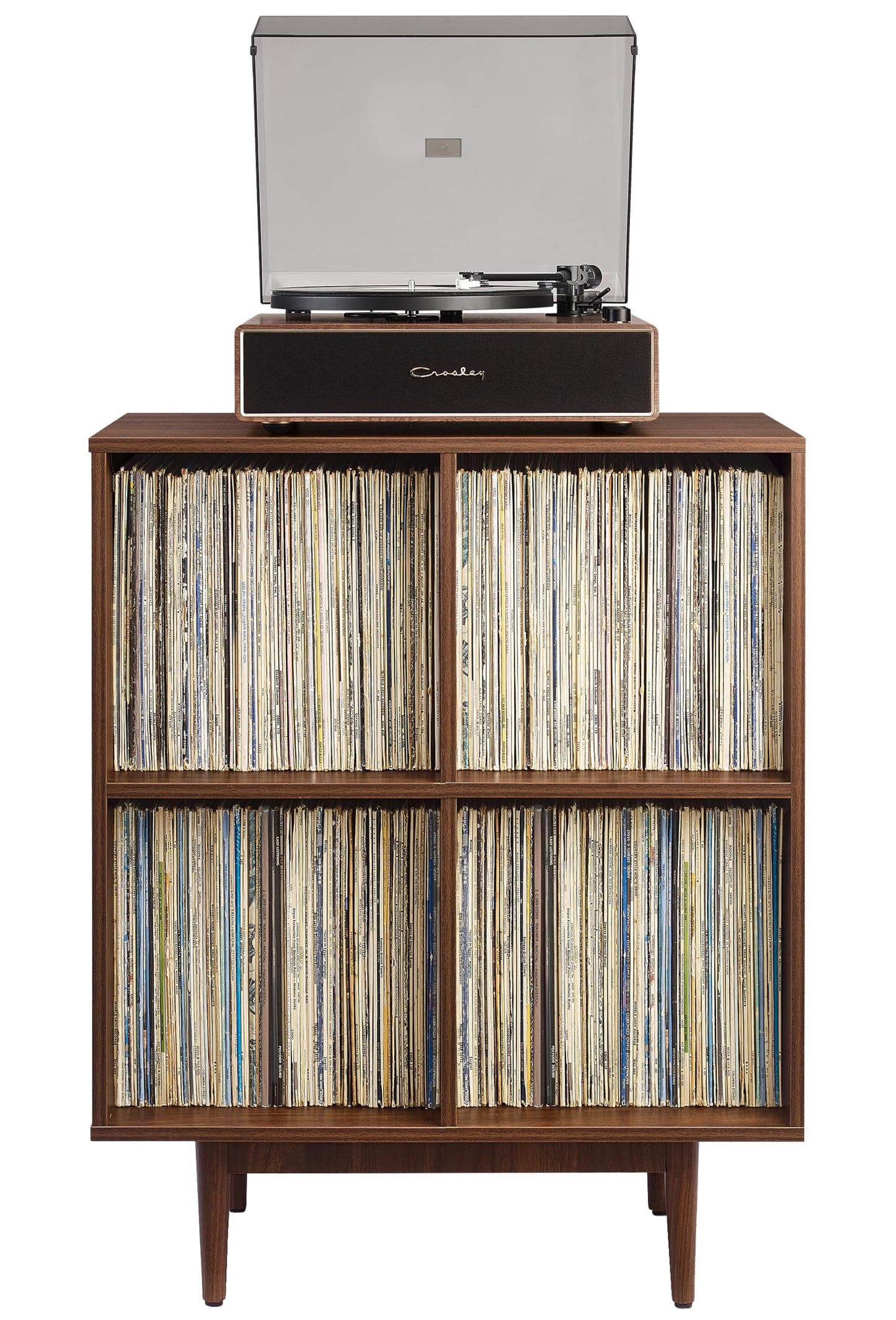 Crosley Furniture Liam Vinyl Record Storage 4 Cube Media Stand for Turntables, Mid-Century Modern Bookshelf, Walnut
