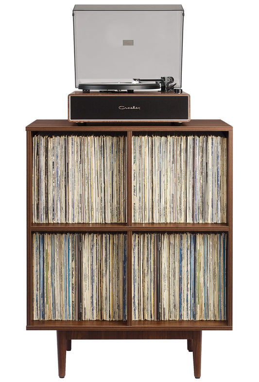 Crosley Furniture Liam Vinyl Record Storage 4 Cube Media Stand for Turntables, Mid-Century Modern Bookshelf, Walnut