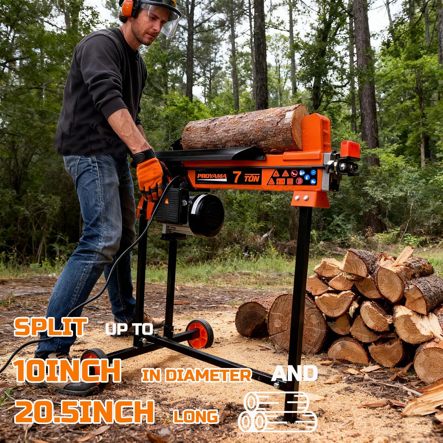PROYAMA Log Splitter 7 Ton with Stand, Wood Splitter Electric Powered, Hydraulic Ram, Firewood Splitting Machine Black Stand Wood Splitter