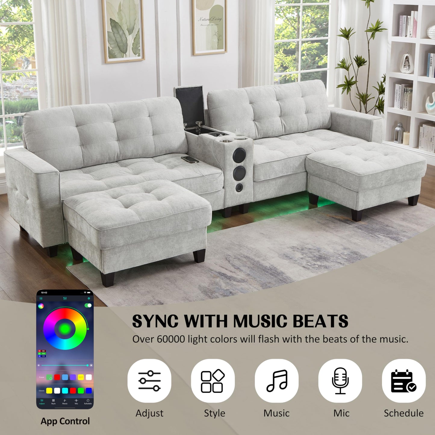 Eafurn 126" Oversized U-Shaped Modular Sectional Sofa with 2 Storage Ottomans, Multi-Functional Symmetrical Tufted Sectional Sofa Couch with Speakers, Wireless Charging, USB Ports & Cup Holders