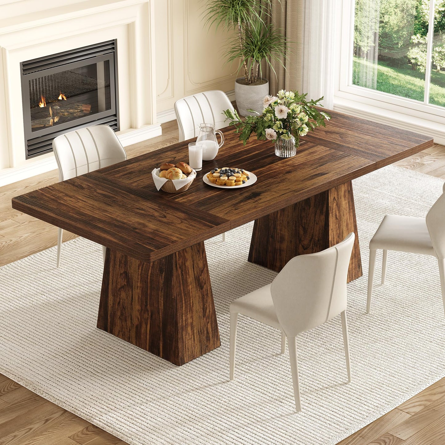 LITTLE TREE Dining Table for 4-6 People, Wooden Table, Rectangle Furniture with Heavy Duty Legs, Modern Kitchen Table for Home, Dining Room, Brown