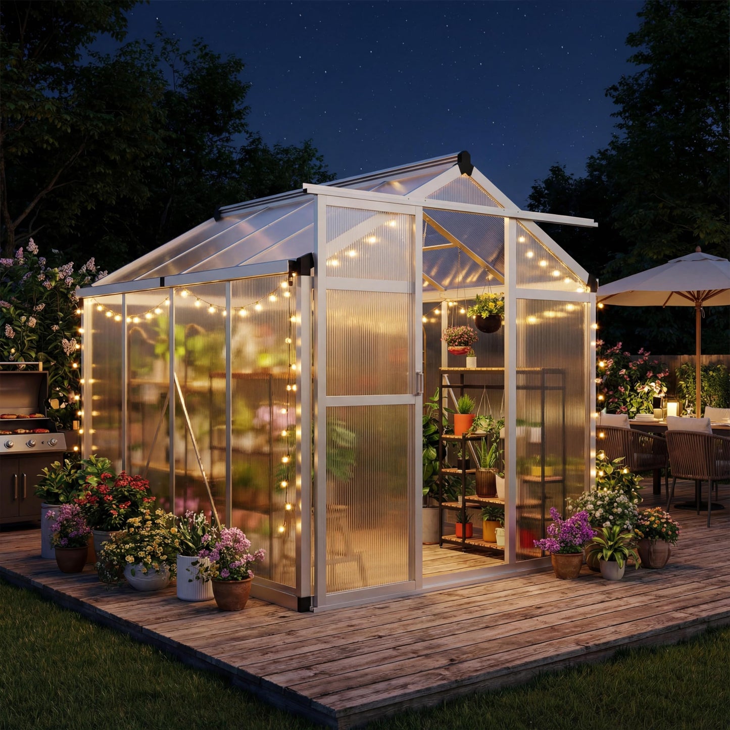 6x8 ft Greenhouse, Polycarbonate Walk-in Greenhouse for Outside with Roof Vent & Lockable Smooth-Gliding Sliding Door, Heavy-Duty Aluminum Green House for Garden, Backyard, Patio, Lawn, Sliver