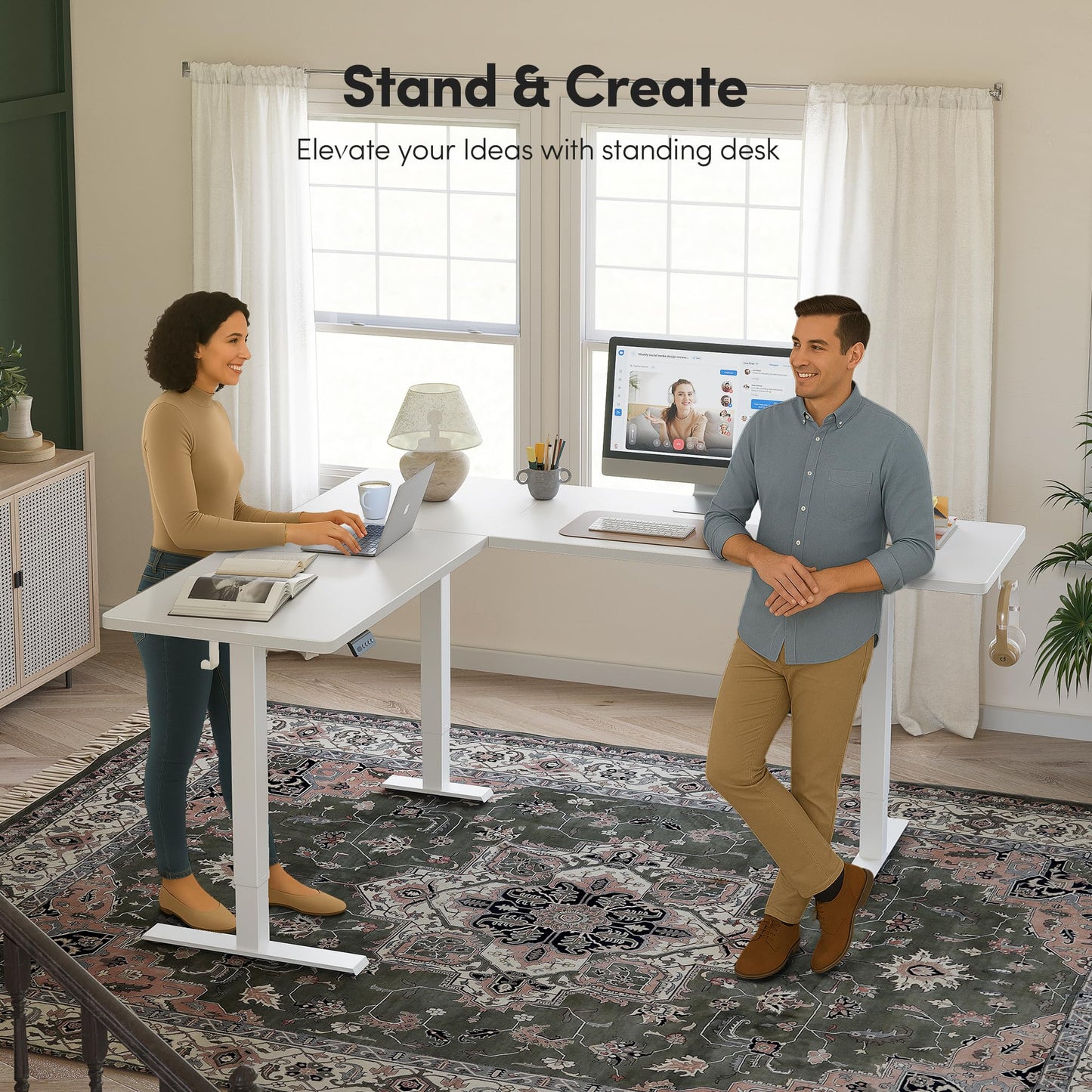 BANTI L-Shaped Standing Desk - 75 x 63 Inch Adjustable Corner Standing Desk with Charging Station - L Shape Sit Stand Table with Memory Controller, Splice Board for Home Office, White