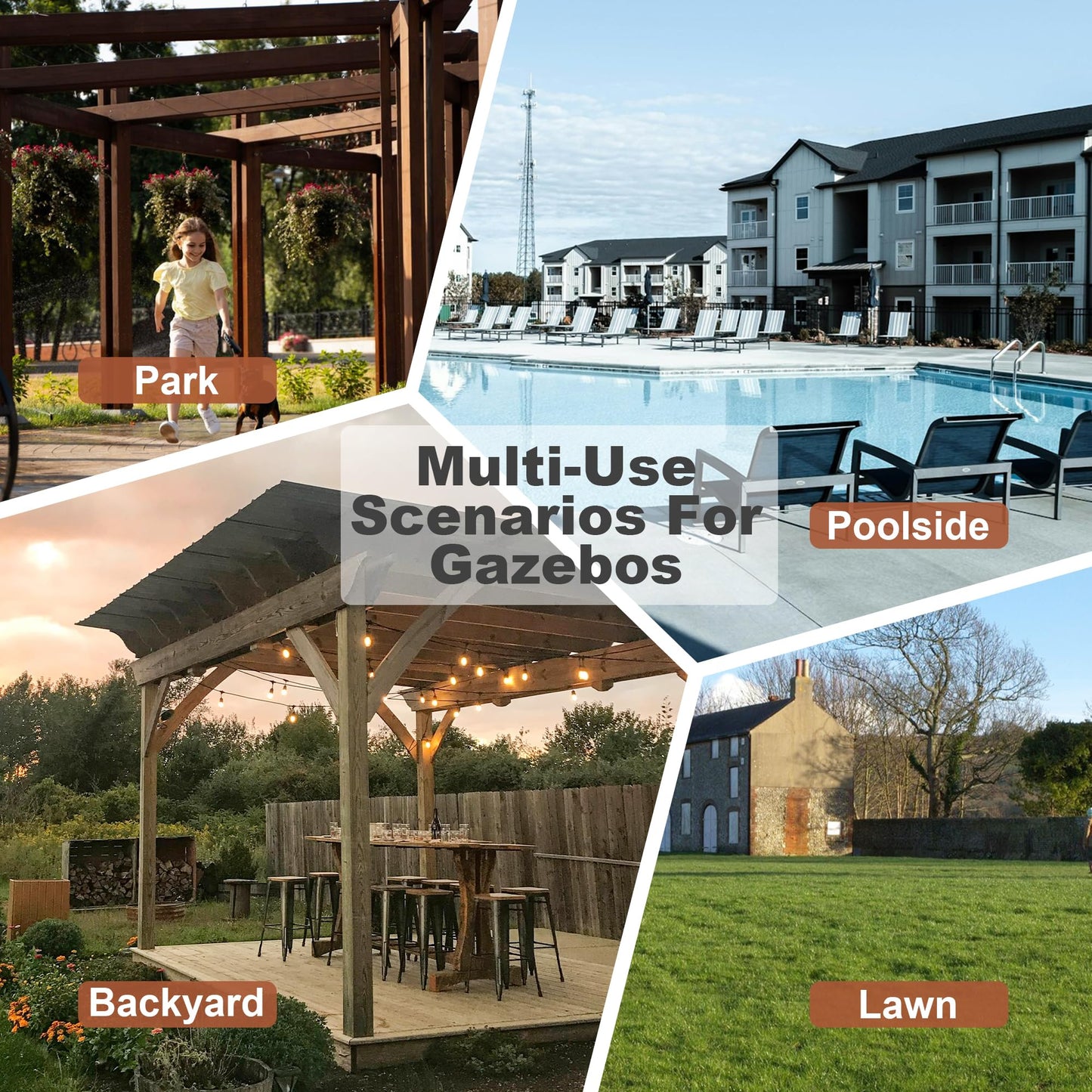YOPTO 13x6.5 FT Outdoor Wooden Pergola Grill Gazebo with Metal Roof & Bulbs,Waterproof Garden Canopy W/Bar Counters,for Patio,Backyard,Swimming Pool,Brown