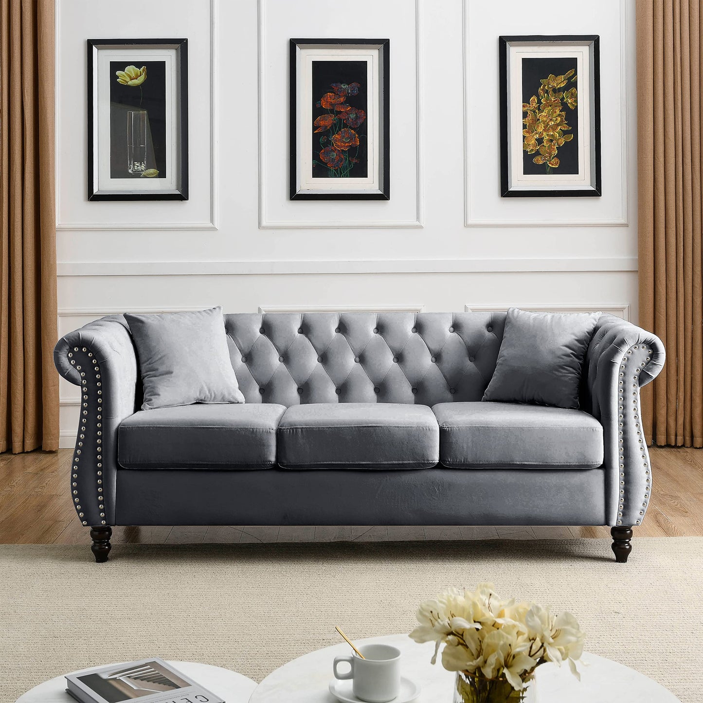 KEIKI Chesterfield Sofa, Retro Style Upholstered 3 Seater Velvet Couch with Rolled Arm for Living Room Bedroom Office Apartment, Grey