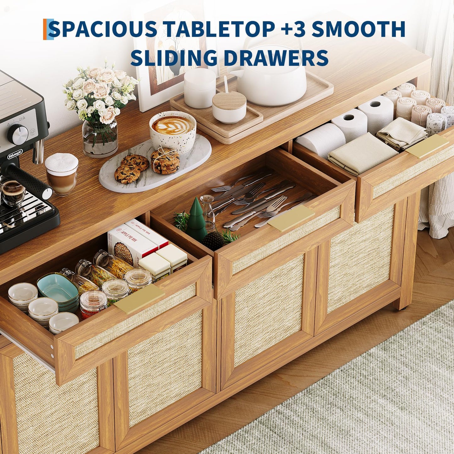 IDEALHOUSE Kitchen Sideboard Buffet Cabinet with Storage, 63in Large Farmhouse Wood Coffee Bar Credenza Cabinet with 3 Drawers and 4 Doors Adjustable Shelves for Living Room, Deep Oak