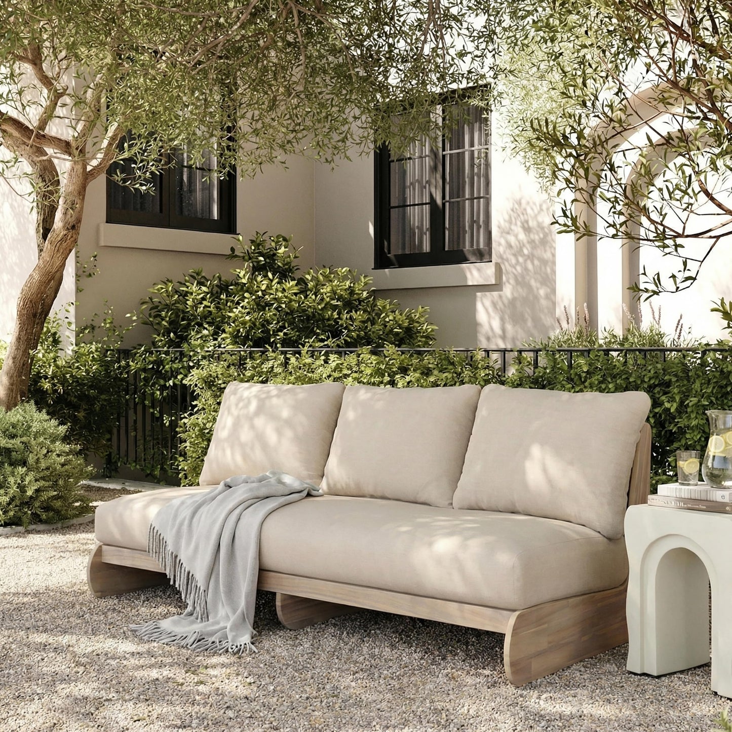 Merax Outdoor Acacia Wood Sofa with All-Weather Cushions, Patio Low 3-Seater Lounge Sofa for Porch, Lawn, Backyard, Balcony, Antique Gray White +Off White