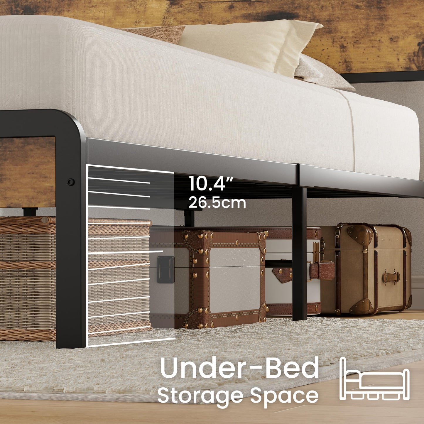 LIKIMIO California King Size Bed Frame, Platform Bed with 2-Tier Storage Headboard, Solid and Stable, Noise Free, No Box Spring Needed, Easy Assembly, Industrial Brown